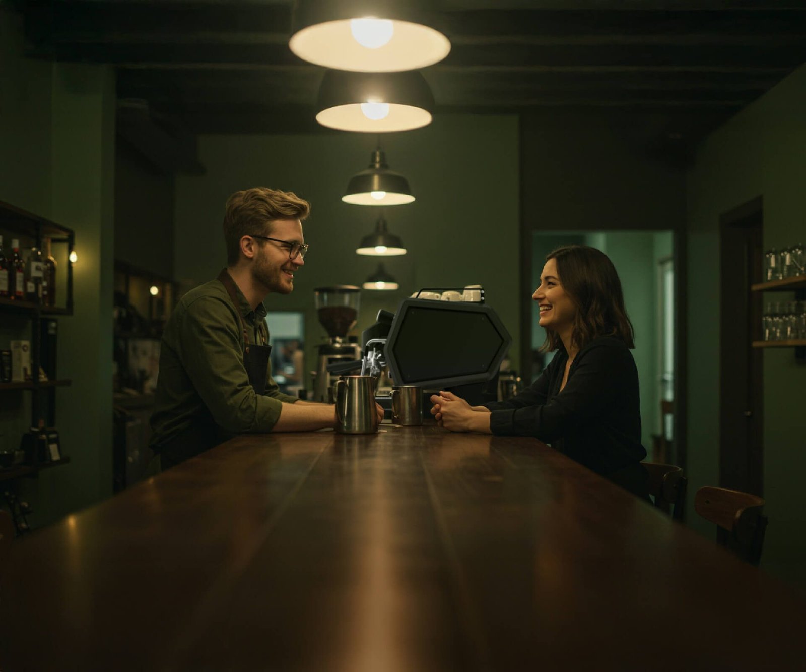 Barista și client la bar, lângă un Sanremo D8