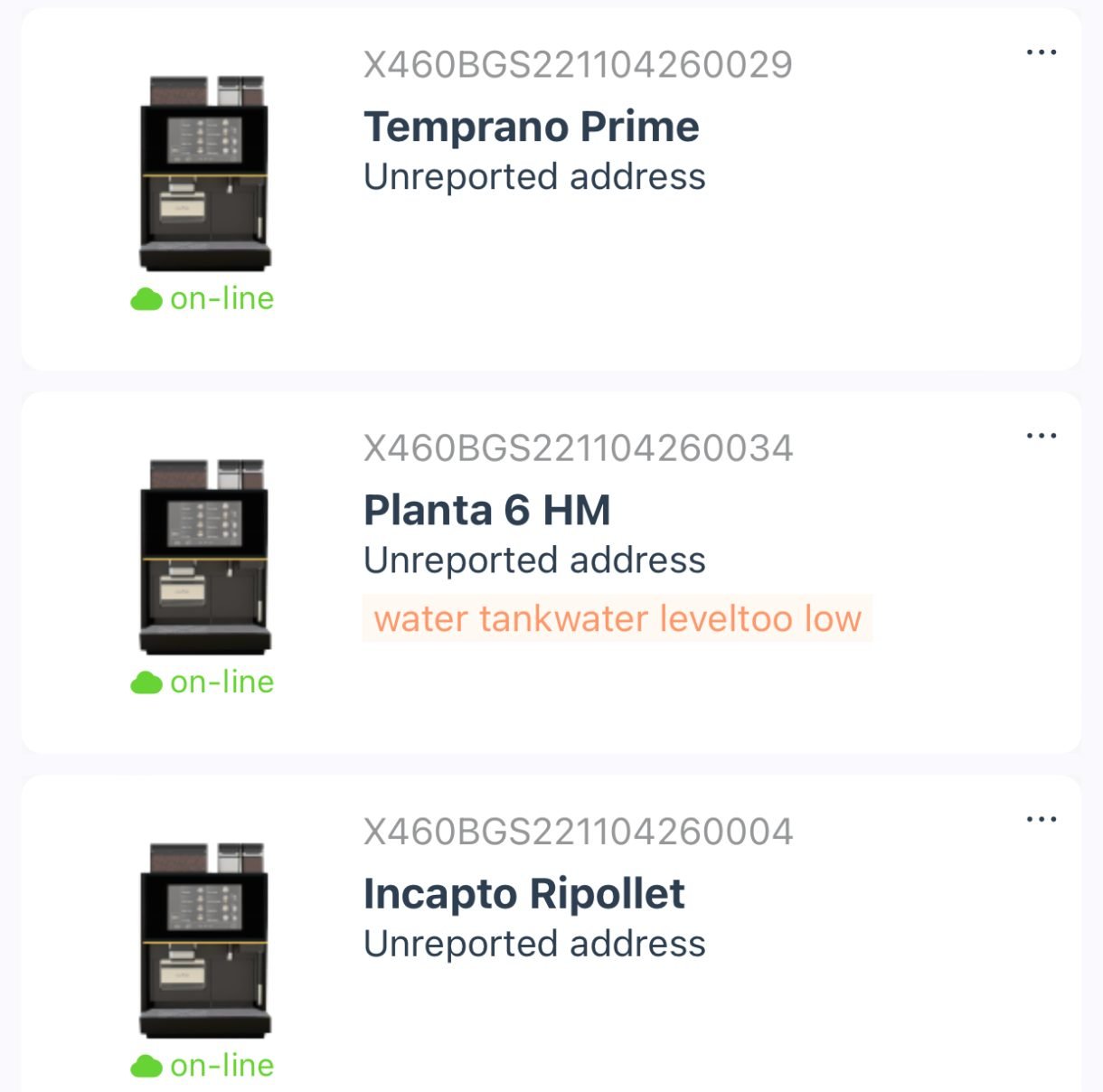 Lista automatelor în Coffee Cloud, cu starea și semnalările fiecăruia