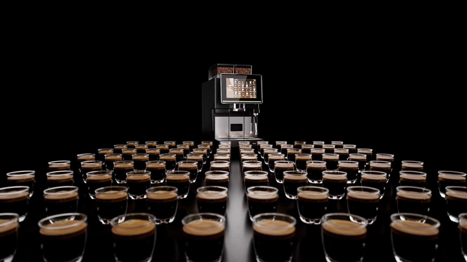 Zeci de cești de espresso în fața unui automat Kalerm