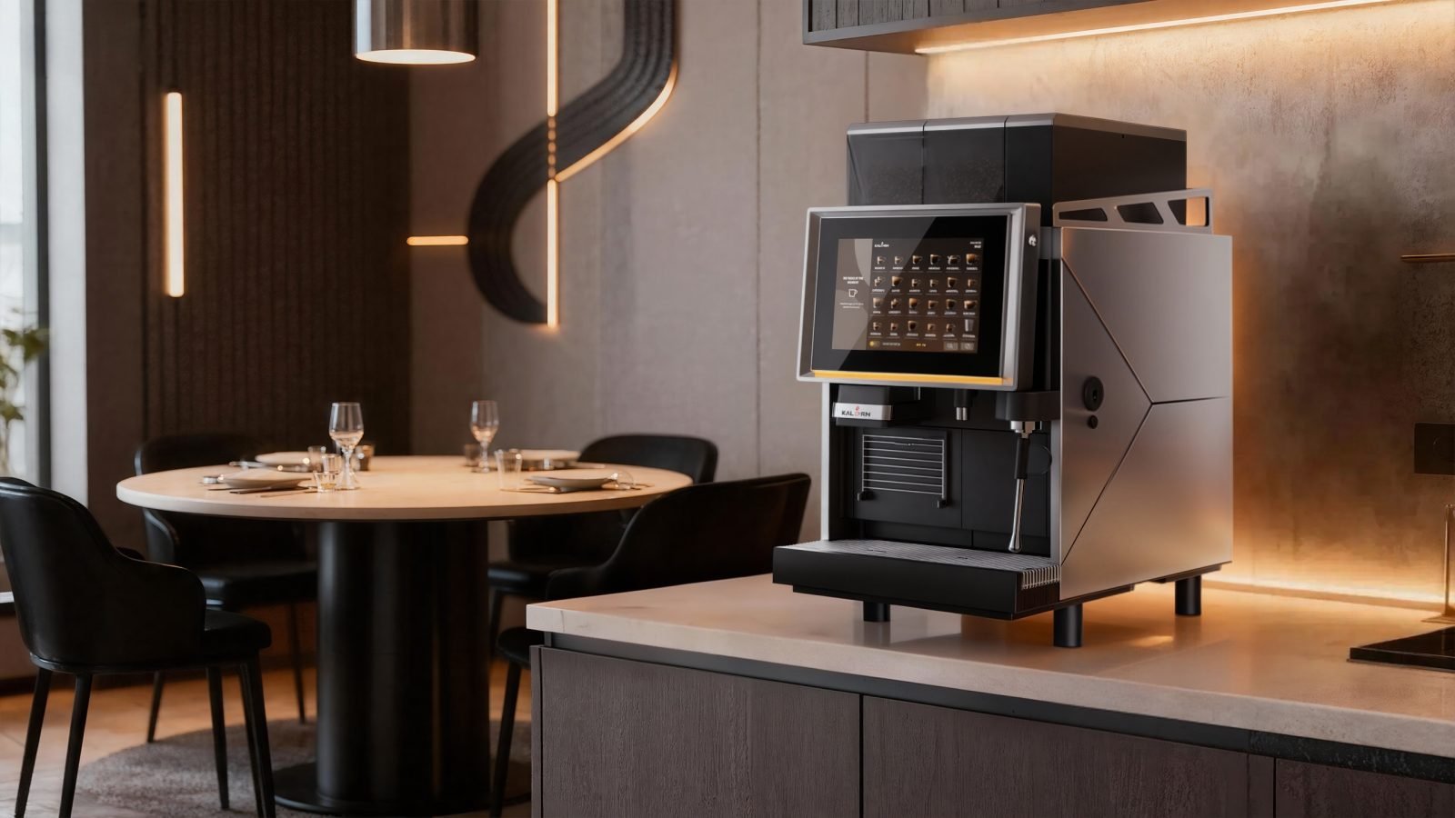 Automat Kalerm într-un spațiu de servire, lângă mese